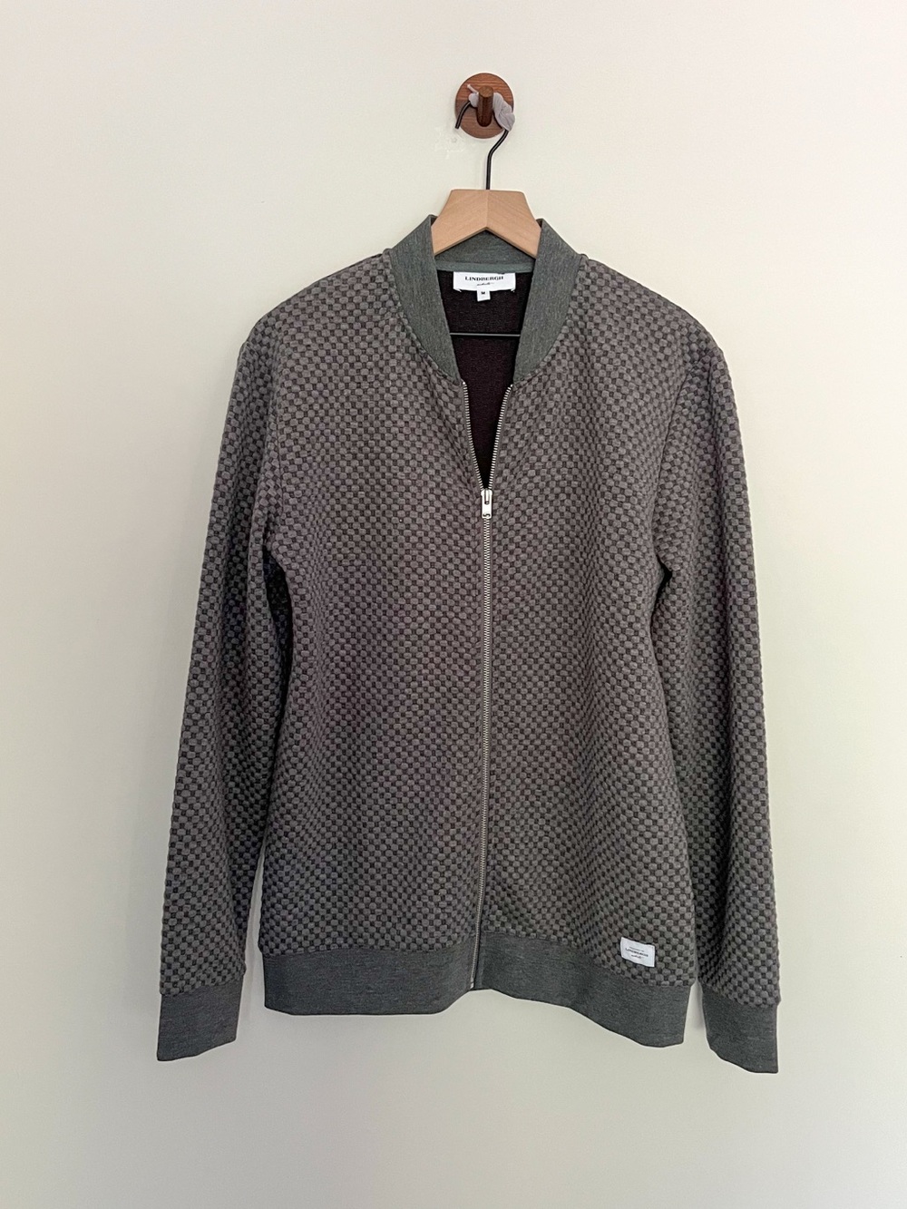 LINDBERGH Zip Up Textured Cardigan Jacket Grey Checkered Knit Men’s Medium